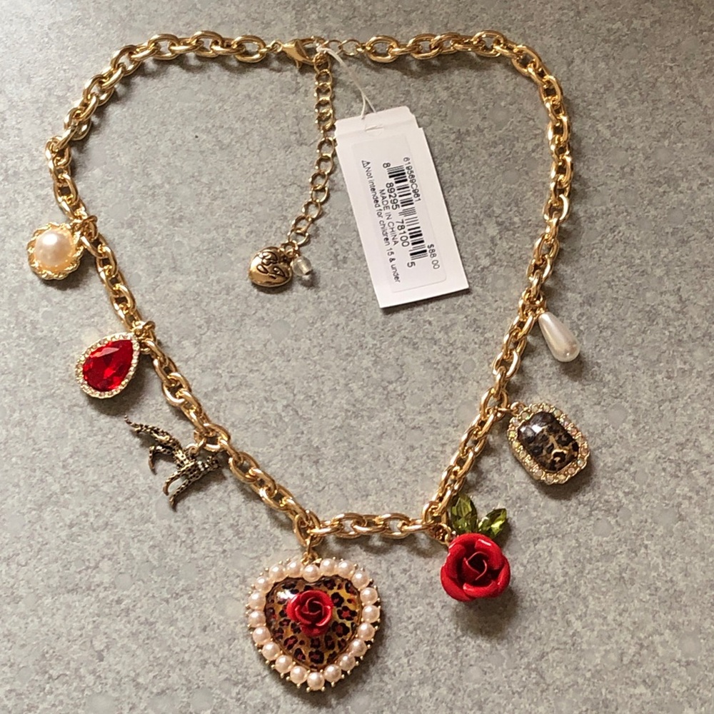 Betsey Johnson Gold Tone Charm Necklace Leopard Heart Crystal & Faux Pearl NWT